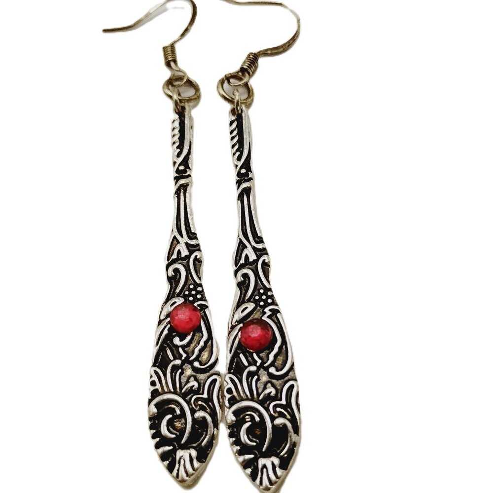 Vintage Style Ornate Silver-Tone Drop Earrings Red Stone Accents NWOT